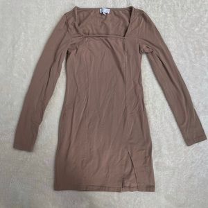 Long sleeve brown suede-colored above knee dress